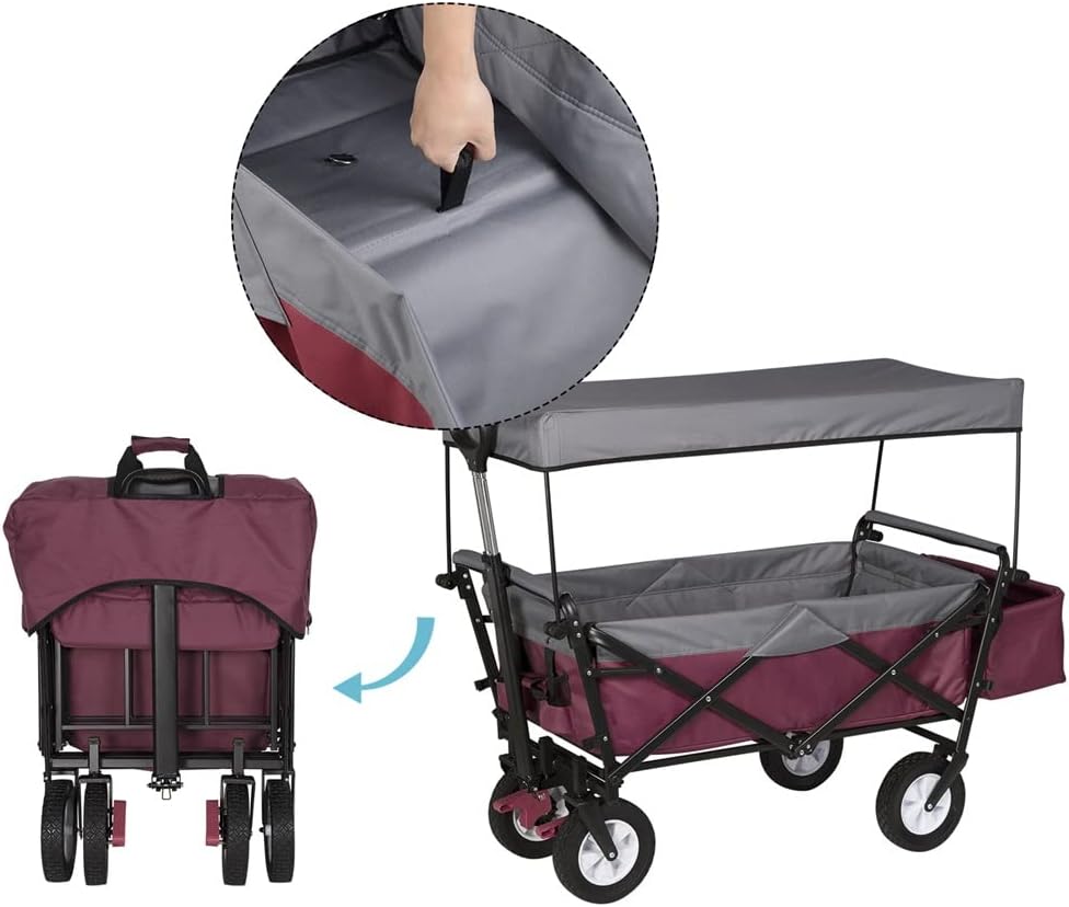 Folding Garden Trolley Cart with Roof Wheels Brake Transport Metal Steel for Sun Protection Camping