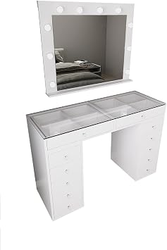 DF02115B LED Işıklı Aynalı Makyaj Masası Tabureli, Bölmeli 12 Çekmeceli Organizer Kozmetik Masası