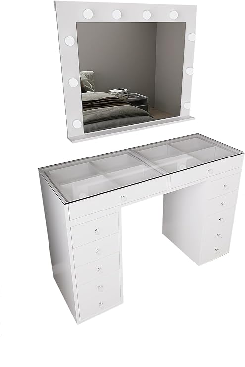 DF02115B LED Işıklı Aynalı Makyaj Masası Tabureli, Bölmeli 12 Çekmeceli Organizer Kozmetik Masası