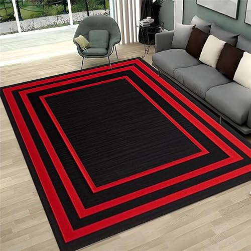 Tapete geométrico moderno 3x4 pies, negro con borde rojo