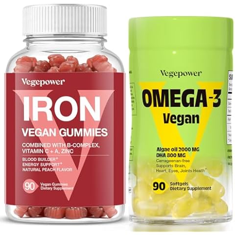 VEGEPOWER Vegan Iron Gummies + Vegan Omega-3 | Iron Supplement Support Blood Builder & Daily Energy for Adults & Kids | Algae Omega-3 DHA Supplements for Brain, Heart Eyes Health- 90 Count Cover