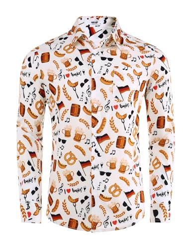 COOFANDY Hombres Oktoberfest Camisas de Manga Larga Divertida Camisa de Cerveza para Hombres Camisa Casual con Impresión de Cerveza Festival Casual Camiseta de Manga Larga Blanco-1 L