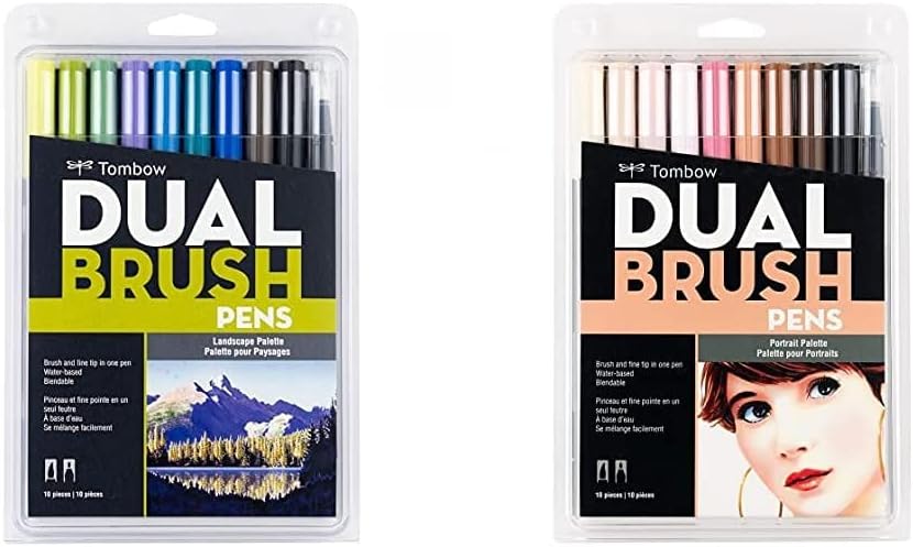 Tombow Dual Brush Pen Art Markers, 10-Pack Portrait and 10-Pack Landscape Sets. Blendable Brush and Fine Tip Markers
