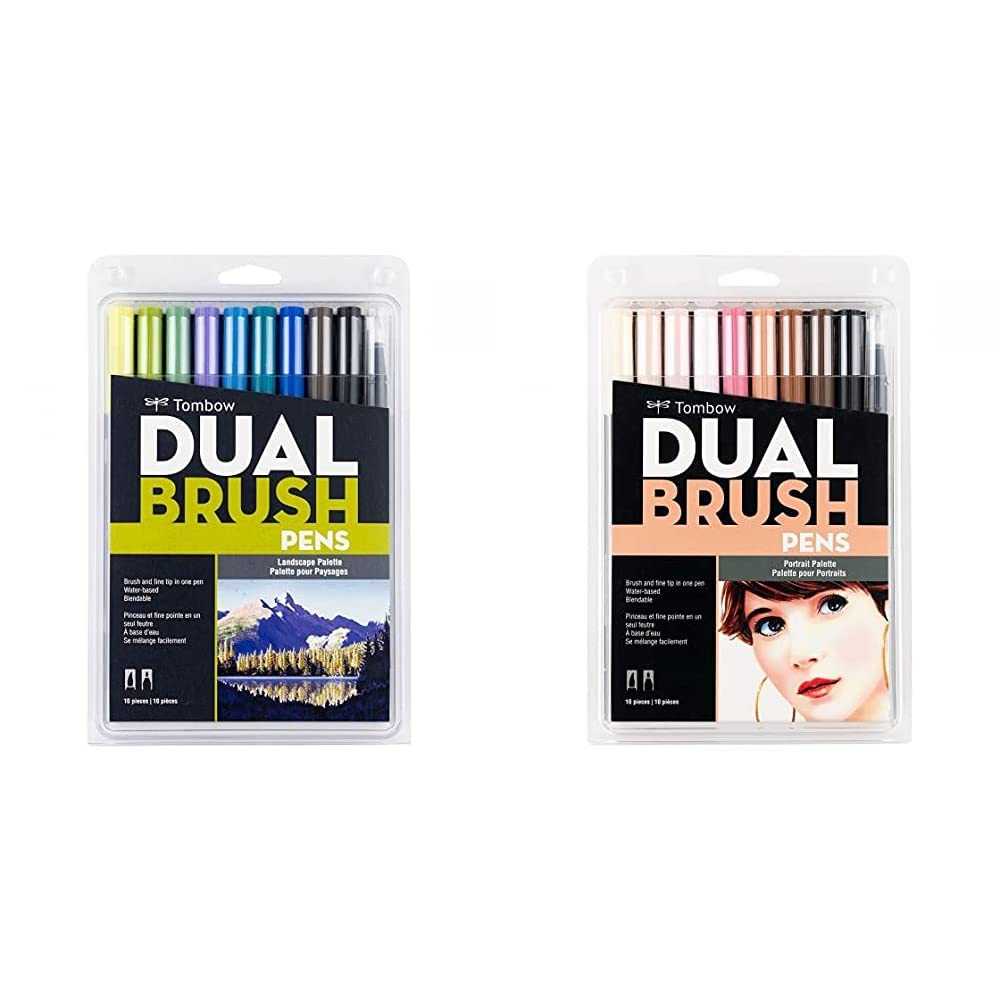 Tombow Dual Brush Pen Art Markers, 10-Pack Portrait and 10-Pack Landscape Sets. Blendable Brush and Fine Tip Markers