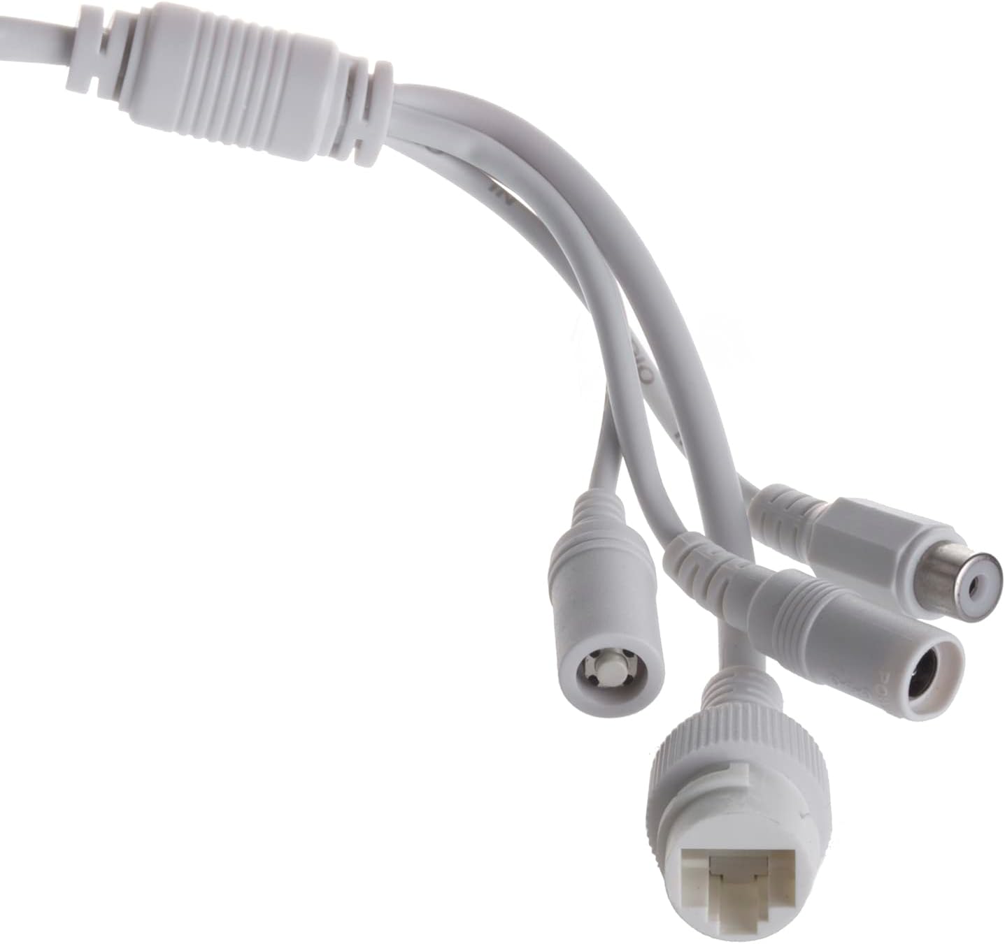 Close-up of the camera's connection cables, including power, Ethernet, and reset button.