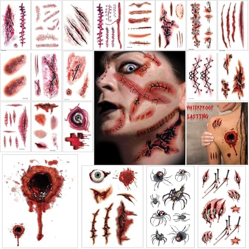 Halloween Tattoos,26 Blätter Temporäre Tattoos Gesicht Wunden Scars für Halloween Kostüm, Fake Narben für Make-up Zombie Vampir Blutiges Party Karneval Schminke