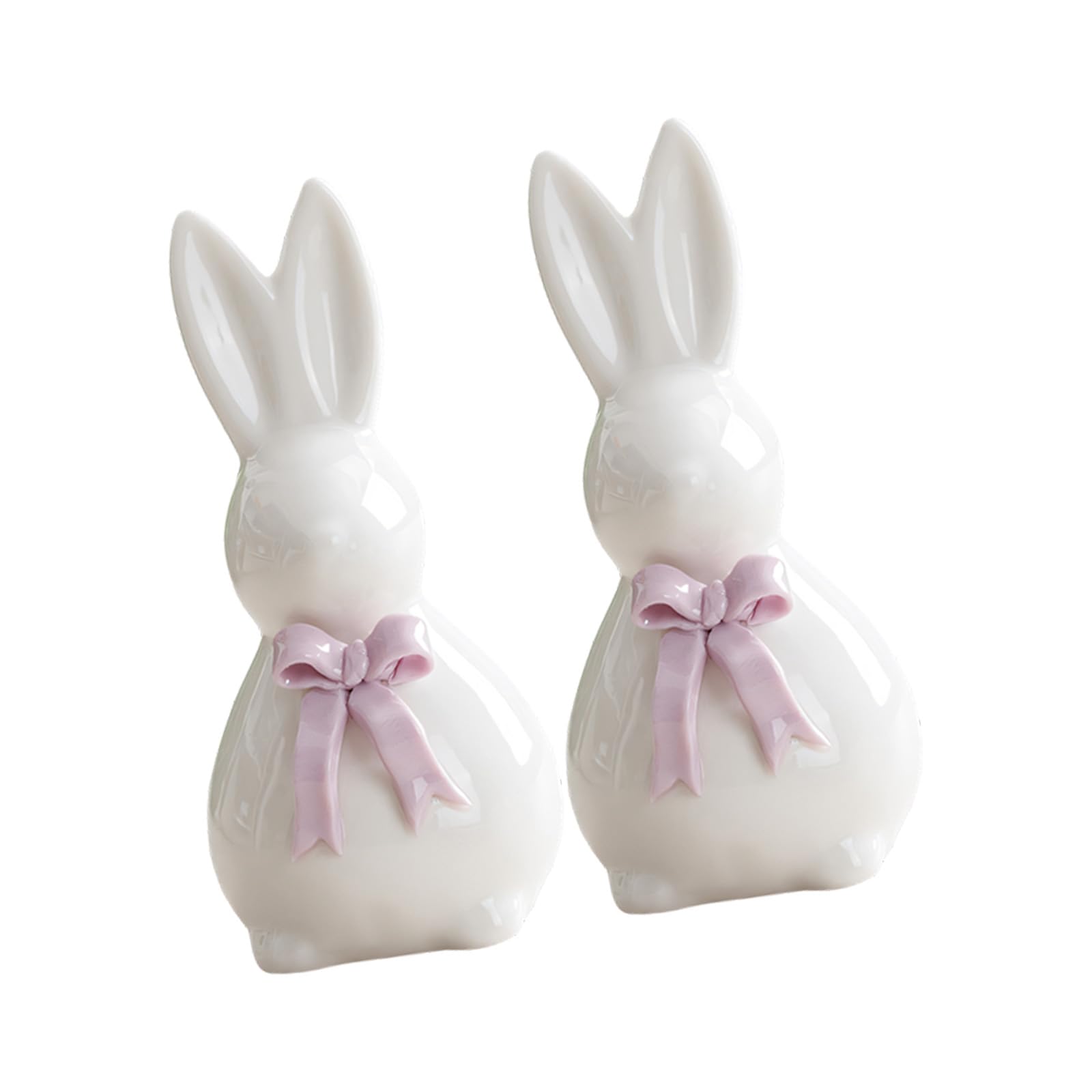 Kangnice 2PCS Elegant Ceramic Sculptures for Hearth Mantel and Seasonal Display Bow Lagomorph