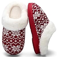 WateLves Girls Boys Slippers Toddler Kids Comfy Fuzzy Non-slip House Shoes Bedroom Soft Faux Fur Lined Indoor Outdoor (Red White, 33)