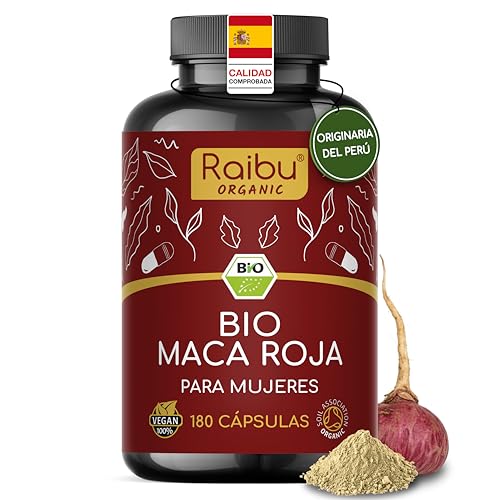 Maca Roja BIO Peruana - 180 cápsulas de Maca Roja con vitamina C - Vitalidad y equilibrio femenino - 3.200 mg por dosis diaria (equivalente a 12.800 mg de raíz de Perú) - Certificada ecológica
