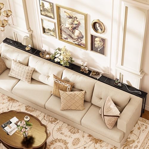 Image of Huuger 141.7 Inch Sofa Table with Power Outlets, Skinny Behind Couch Table | 5.9 Inch Narrow Entryway Table, Extra-Long Console Table, Behind the Couch Table with Outlet for Living Room, Black