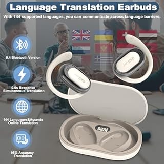 exsulity AI Language Translator Earbuds,144 Languages Translation & 5 Translation Modes fit for iOS & Android Bluetooth 5.4 Earbuds Translator Device with Charging Case for Business Travel (White)