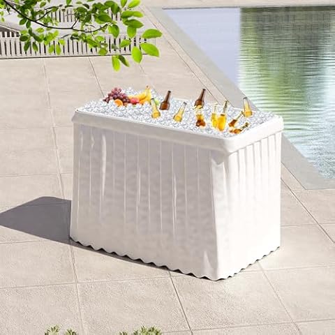 Koreyosh Ice Cooler Table with Drain, Portable Ice Tables with Matching Skirt, Fill and Chill Table Outdoor Cooler Table for Party BBQ Camping Picnic, Foldable Table with Sturdy Steel Pipe Legs, White Cover