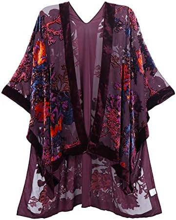 Women's Burnout Velvet Kimono Long Cardigan Cover Up Casual Outfit