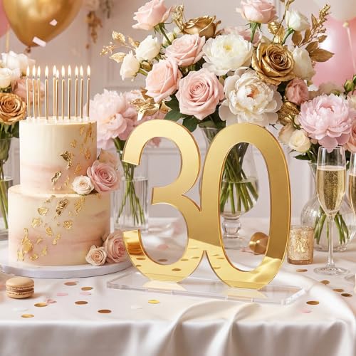 Image of Threehoney 6 Pcs Mirror Gold 30th Birthday Decorations for Men and Women Acrylic Anniversary Decorations Table Numbers Centerpieces for Birthday Party