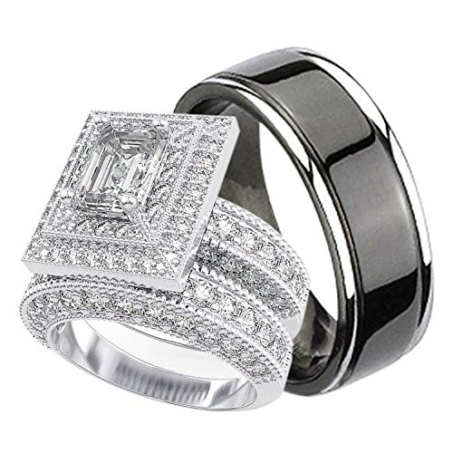 His and Hers Wedding Rings Set Sterling Silver Titanium Matching Bands for Him and Her