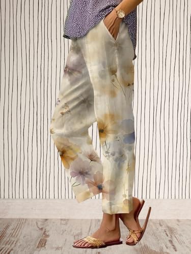 Women's Wide Leg Pants with Pockets Boho Floral High Waist Drawstring Trousers Japanese Art Casual Summer Beach Pants4