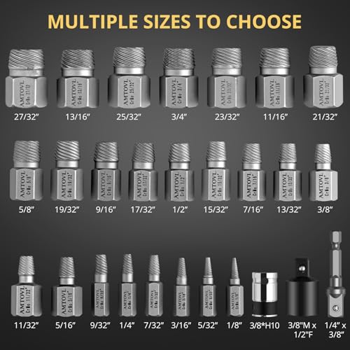 Image of AMTOVL 27PCS Screw Extractor Set - with Adapter Hex Head Multi-Spline Easy Out Bolt Extractor Tool, 1 /2 inch 3 /8 inch Inch Drive Hex Head