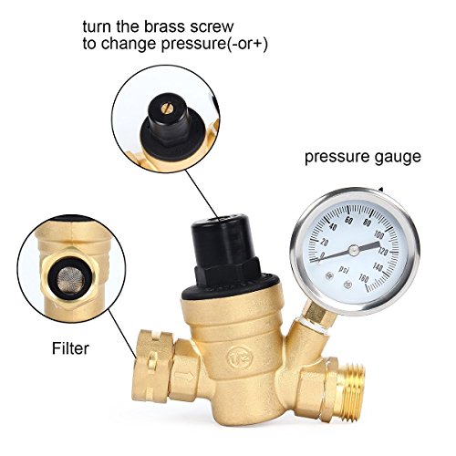 Targetevo Adjustable Brass Lead-Free Water Pressure Regulator Reducer With Gauge Inlet Screened Filter For Rv ( Nh Thread ) #TOP1