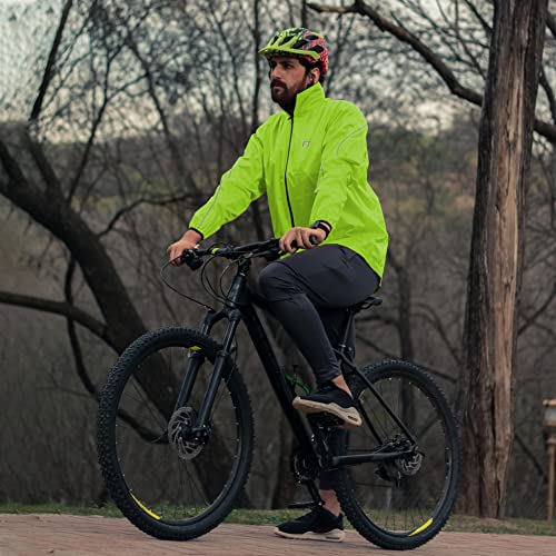 FT Fashion Track Cycling Jacket Mens – Windproof Lightweight Reflective Mens Waterproof Jacket for Cycling, Running, Skating, Hiking with Hi Vis Logo/Neck Roll Hoodie & Pockets (Florescent Green, M) - Image 3