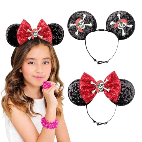 DRESHOW Pirate Themed Mouse Ears Headband with Sequin Bow Headbands Elastic Adjustable Headband Glitter Party Decoration Halloween Cosplay Costume for Women