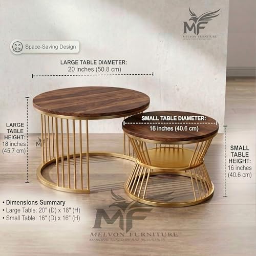 Image of MELVON Lightweight Nesting Coffee Table Set of 2, Golden Frame with Walnut Finish Top, Space Saving Round Center & Side Table for Living Room