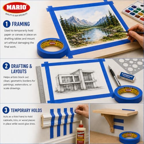 Image of Mario Blue Masking Tape - 20 Meter Length, 12mm Width - Adhesive Tape for Painting, DIY, Carpenter, Labelling & Art Craft - Clean Peel, No Residue - Pack of 6 Rolls