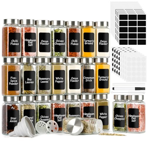 Lannvan Botes Especias Cristal, [24x 120ml] Cuadrado Tarros Especias con Tapas Herméticas, Frascos Especiarias Spice Jars Botes para Especias con Tamiz, Etiquetas, Cepillo, Embudo