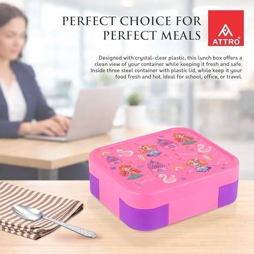 Image of ATTRO Admire Deluxe 3 Compartment Stainless Steel Lunch Box, BPA-Free Inner Steel, Lightweight & Durable, Easy Carry Tiffin for Kids,School & Travel-Princess Print Pink-800ml