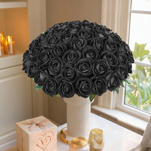 Image of 50 PCS Black Roses Artificial Flowers, Fake Roses with Stem Realistic Silk Roses for DIY Wedding Bouquets Table Centerpieces Arrangements Baby Shower Birthday Home Decor Valentine's Day Gift for Her