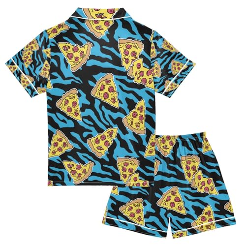 senya Blue Tiger Pizza Satin Summer Pajama Sets Silk Short Sleeve Button Down Sleepwear2