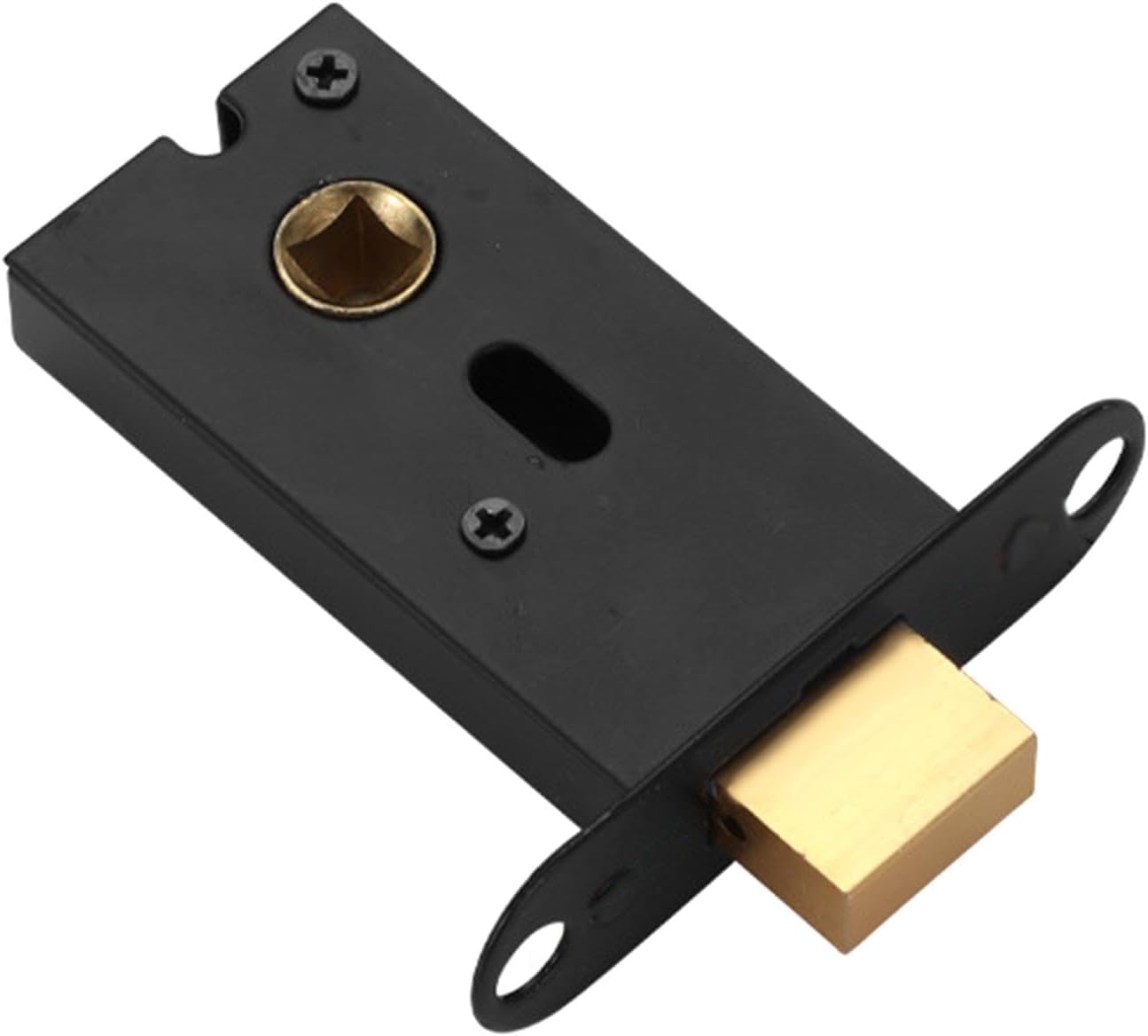 Un primo piano view of the black lock body with its golden latch bolt extended, showing screw holes for mounting.