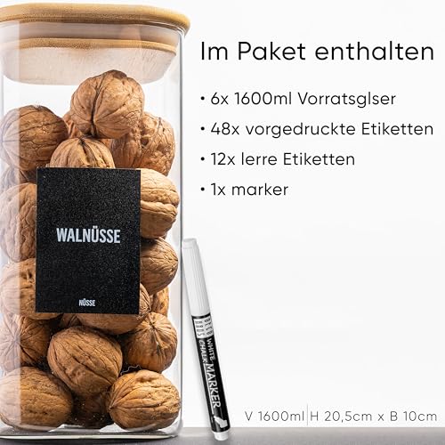 Foto von Deco haus® Vorratsgläser mit Deckel eckig 6er Set [+ETIKETTEN] - Vorratsdosen Glas mit Deckel luftdicht - Vorratsglas mit Holzdeckel - Müsli Aufbewahrungsgläser - Glasbehälter Vorratsbehälter