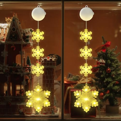 2 de iluminación navideña LED con Forma de Estrella, Luces Decorativas navideñas para Ventanas,iluminadas con Pilas,Temporizador,2 Modos,para Fiestas,Bodas y decoración navideña (Copos de Nieve)