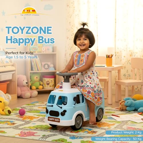 Image of Toyzone Happy Bus Ride On - Blue | Toddler Ride-on | Lights & Music | Ride-on with Easy Storage | Grip Wheels | Make in India | Indoor & Outdoor | for Kids 2+ Years