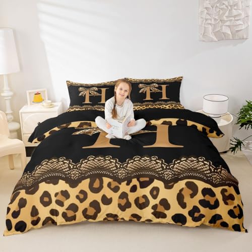 Housse de couette microfibre bowknot léopard imprimé initial H