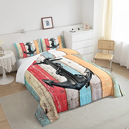 Manfei Nautical Anchor Comforter Set King Size,Watercolor Vintage Wood Door Bedding Set For Kids Boys Adults Rv Trailer Decor,Sea Adventure Down Comforter,Rustic Farmhouse Duvet Insert,2 Pillowcases #TOP3