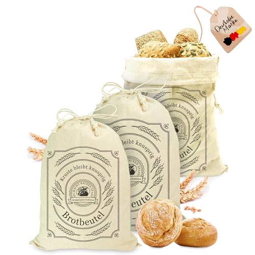 AH® Leinen Brotbeutel stoff 3er Set 30x40cm – Brötchenbeutel, Brottasche mit Kordelzug – Wiederverwendbar & Ungebleicht – Zur Brotaufbewahrung & Frischhalten