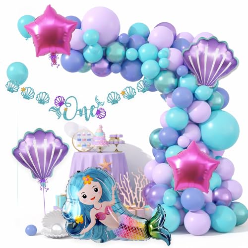 Image of Rozi Decoration Mermaid Theme Birthday Decoration Kit 62 Pcs with Ocean Banner, Pastel Balloons, Star & Shell Foil Balloons and Balloon for Birthday Party Decoration