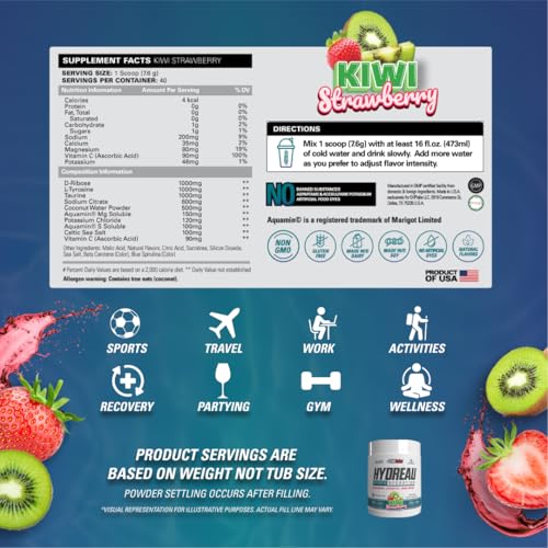 Image of EHP Labs Hydreau Electrolytes Powder No Sugar - Hydration Powder for Endurance & Energy - Electrolyte Powder for Men & Women - Sugar Free Electrolytes - Kiwi Strawberry (40 Serves)