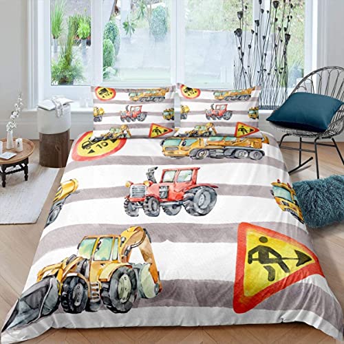 Juego de ropa de cama para niños y niñas, diseño retro, para excavadora, diseño de rayas, color marrón, color blanco, para niños, niñas, tractor, maquinaria, funda de edredón cómoda y cepillada
