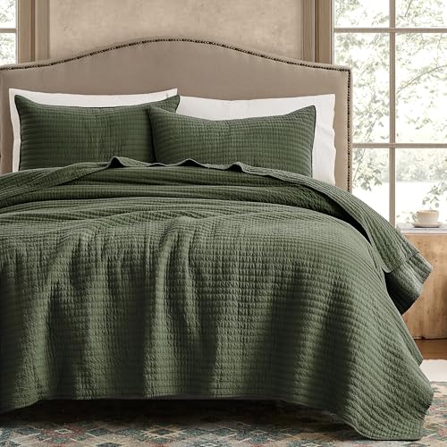 WDCOZY 100% Cotton Oversized King Size Quilt Set - Olive Green California Cal King Striped Pick Stitch Soft Lightweight Bedspread Textured Like Linen Farmhouse Country Rustic Coverlet 3 Pieces