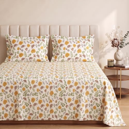Image of VAS COLLECTIONS Premium 240 TC Cotton Double Bedsheet Set with 2 Pillow Covers | Breathable Floral Print Bedding | Fade Resistant | 228 x 254 cm, Ochre & Rust Botanical, Double Flat (90x100) Botanical