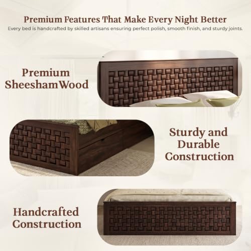 Image of WOODLAB Furniture Sheesham Wood Queen Size Bed with 4 Side Drawer Storage and Headboard | Wooden Double Size Bed Cot Palang for Bedroom Living Room Wooden Double Cot Palang Bed (Walnut Finish)
