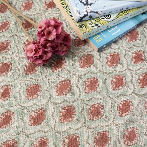 Image of Peepul Tree Pure Cotton Hand Block Printed Rug in Green and Dusty Pink Colours with a Floral Design | Modern Carpet Durries for Living Room, Bedroom | 2 x 7 Ft | The Royal Courtyards Collection