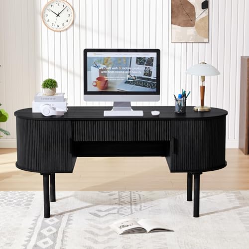 Home Office Oval Desk with Sliding Tambour Door and Drawer, Modern Fluted Wood Executive Computer Storage Desk for Study, Living Room, Bedroom, Office - Black