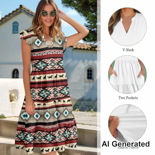 Image of Women's Casual Ruffle Sleeve Dress V Neck Pullover Dress Flowy A-Line Pleated Lightweight Dress with Pockets