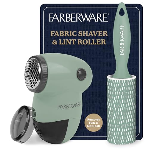 Image of Farberware Fabric Shaver & Lint Roller Set, Small, Portable | Sticky sheets lift pet hair and dust, triple-blade design restores fabrics to like-new condition, for clothing and bedding