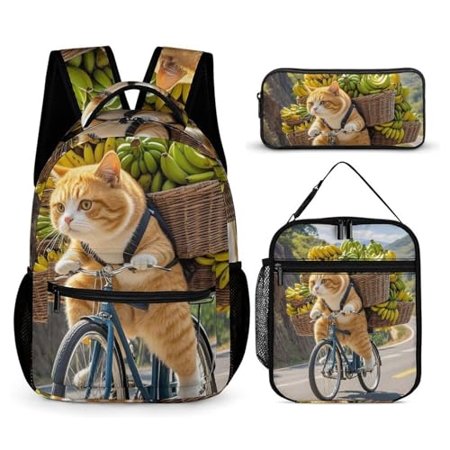 Cats Ride Bikes to Deliver Bananas Backpack Set 3 Piece, Durable Backpack Insulated Lunch Bag Portable Pencil Case for Men Women