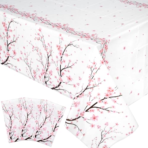 Image of Ganeen 3 Pcs Cherry Blossom Disposable Tablecloth Pink Floral Plastic Table Covers 54 x 108 in Waterproof Tablecloth for Japanese Decorations Woman Tea Party Wedding Bridal Birthday Garden Picnic