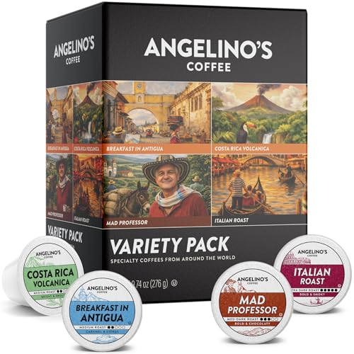 Image of Angelino's Coffee Reserve Variety Pack, 24 Count - 4 Premium Single-Origin Blends, K Cup Compatible for Keurig - Italian Roast, Mad Professor, Breakfast in Antigua & Costa Rica Volcanica
